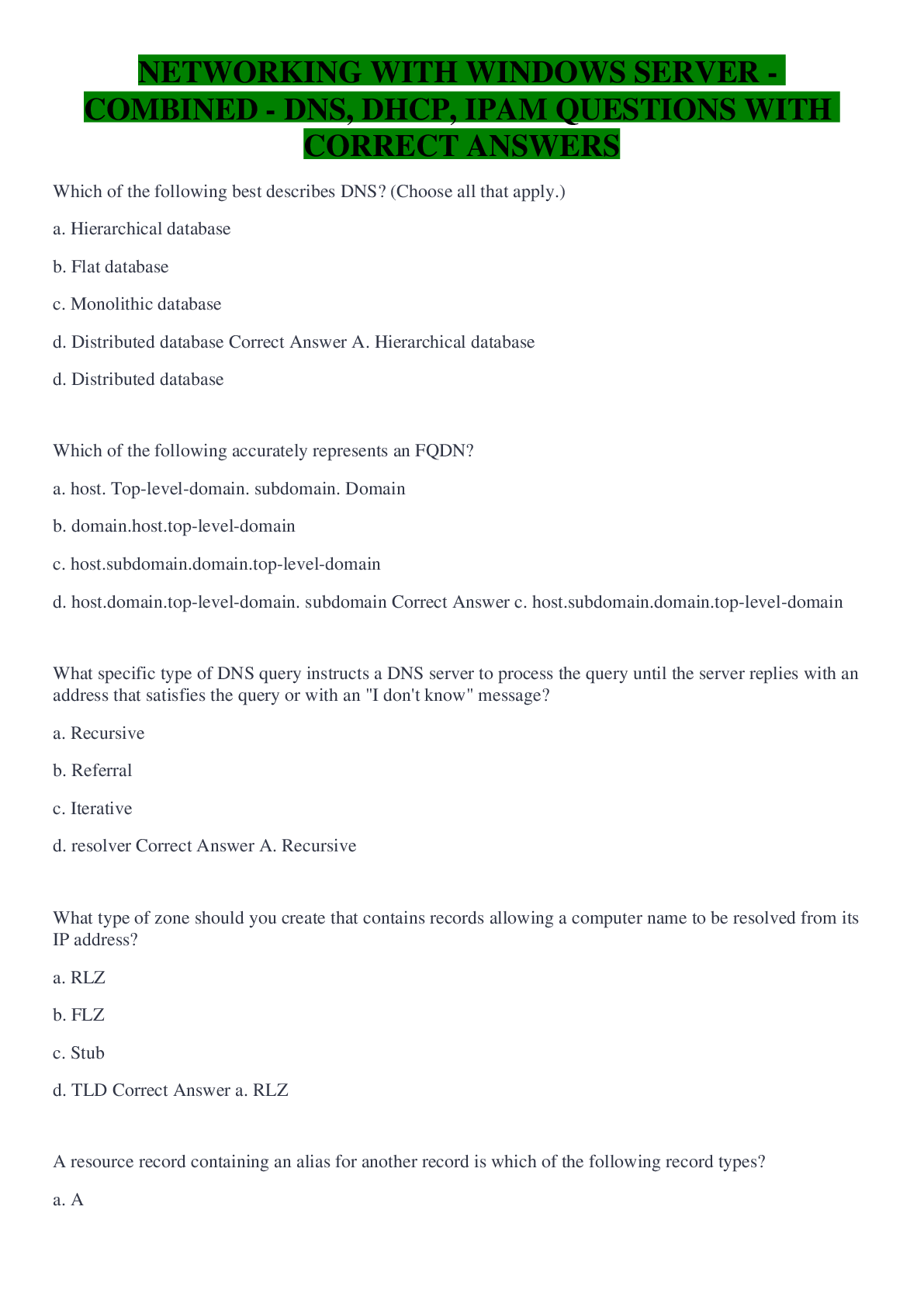 Preview image for NETWORKING WITH WINDOWS SERVER - COMBINED - DNS, DHCP, IPAM QUESTIONS WITH CORRECT ANSWERS